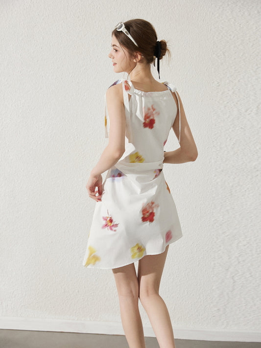 Asymmetric Blurred Floral Strappy Cotton Dress