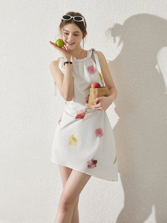 Asymmetric Blurred Floral Strappy Cotton Dress