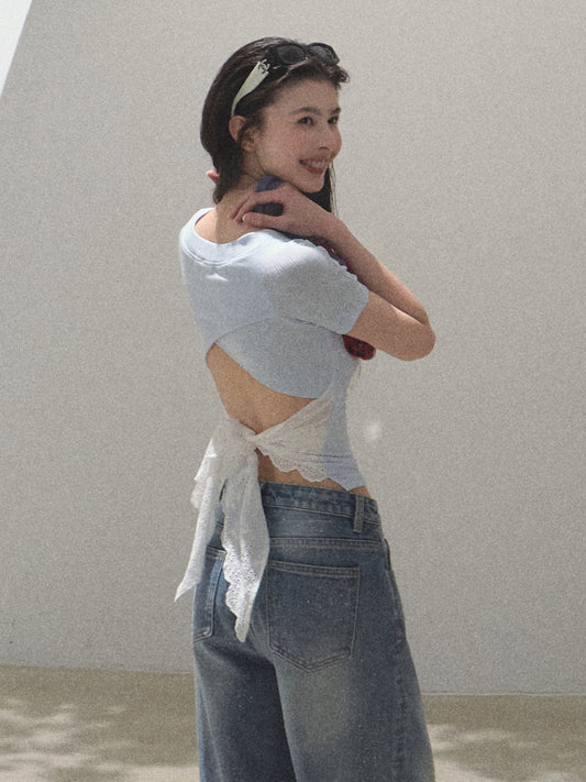 Lace Tie Ribbon Open Back Fitted T-Shirt