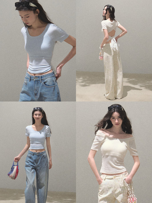 Lace Tie Ribbon Open Back Fitted T-Shirt