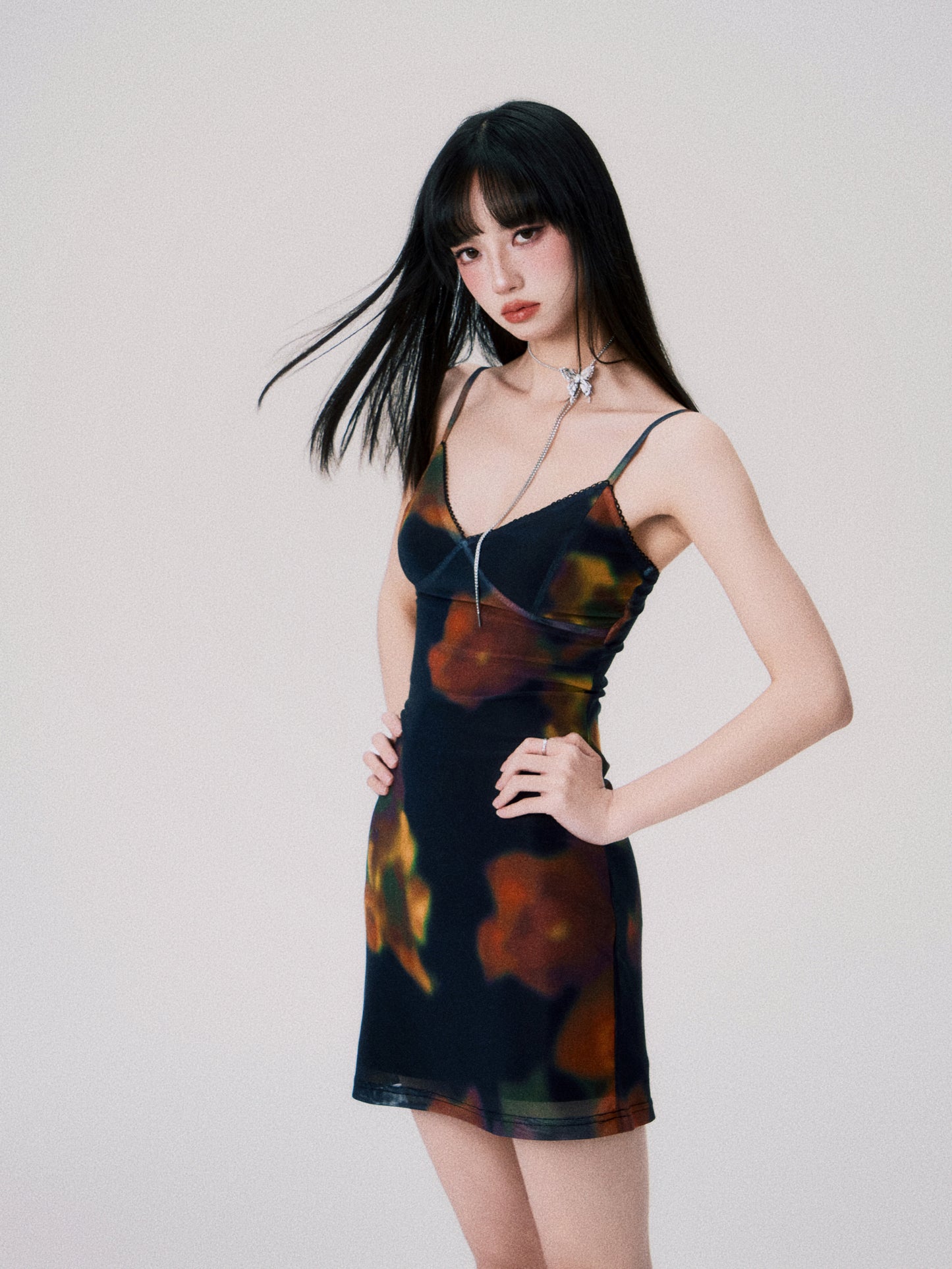 Cinematic Flower Print Mesh Cami Dress In Two Lengths