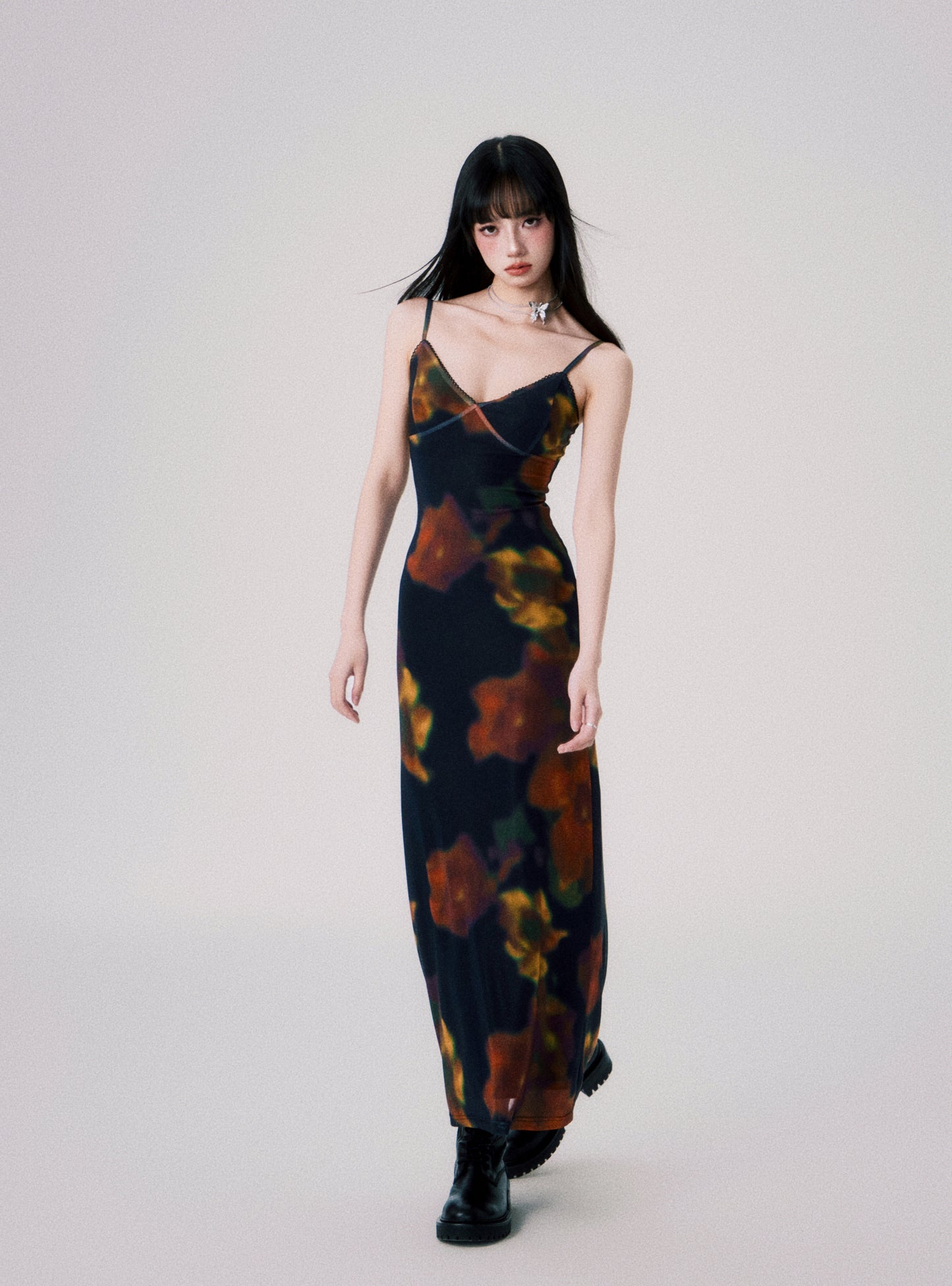 Cinematic Flower Print Mesh Cami Dress In Two Lengths