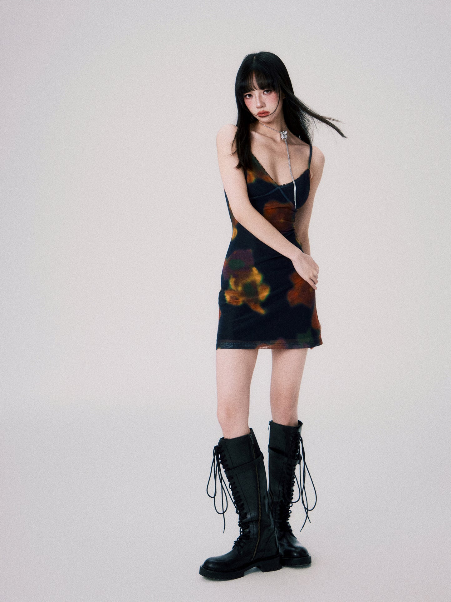 Cinematic Flower Print Mesh Cami Dress In Two Lengths