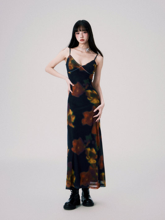 Cinematic Flower Print Mesh Cami Dress In Two Lengths