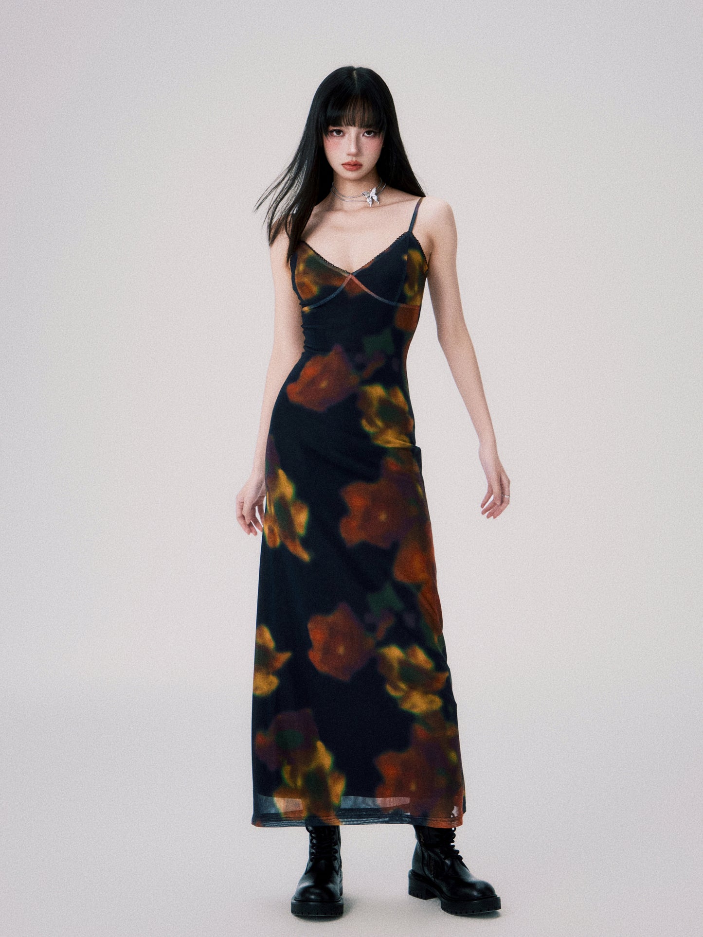 Cinematic Flower Print Mesh Cami Dress In Two Lengths
