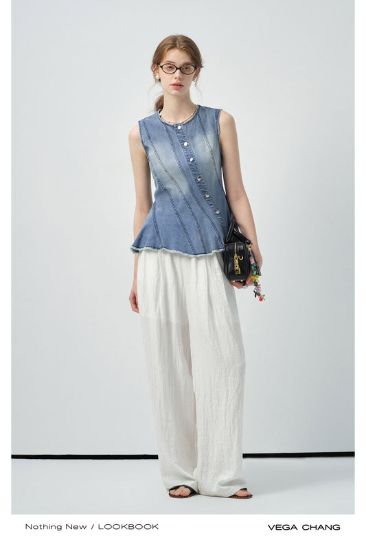 Multi-Seam Asymmetric Denim Top