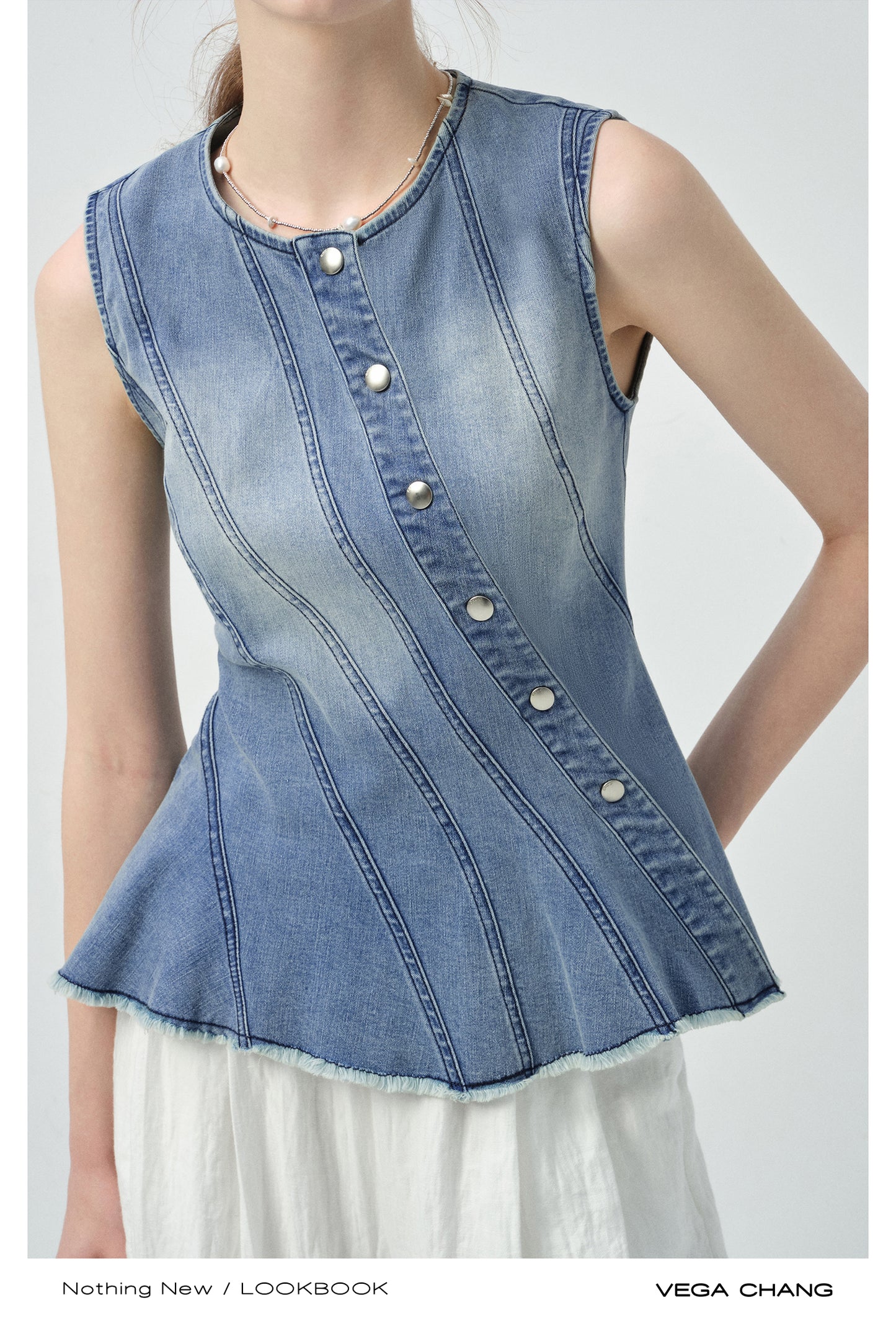 Multi-Seam Asymmetric Denim Top