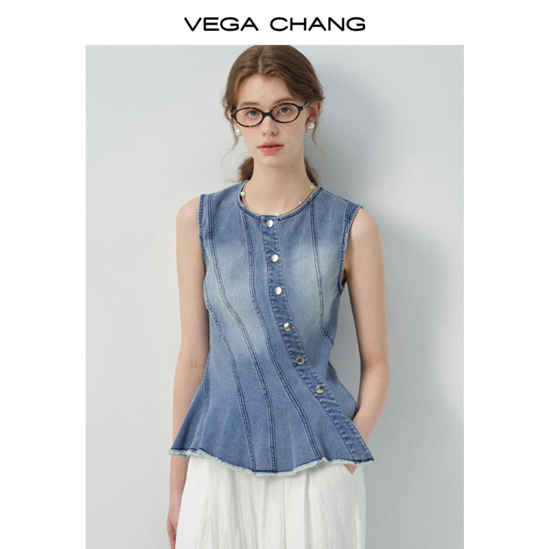 Multi-Seam Asymmetric Denim Top