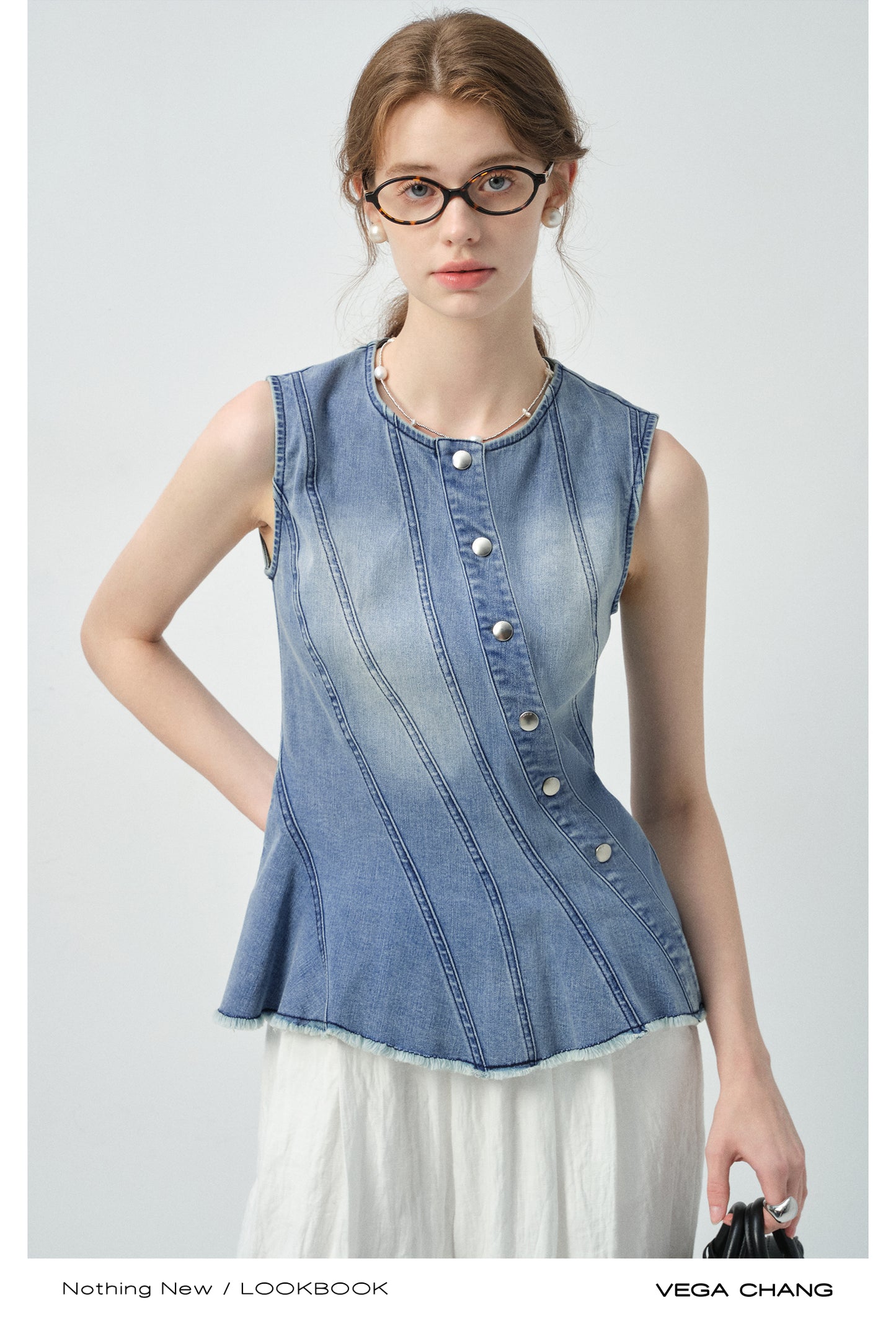 Multi-Seam Asymmetric Denim Top
