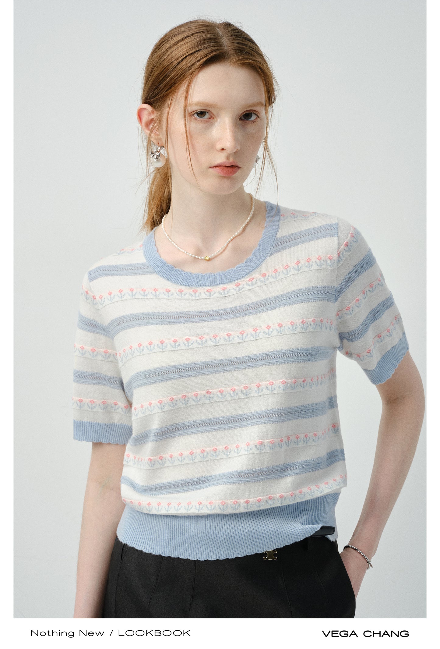 Scalloped Edge Floral Jacquard Knit Top