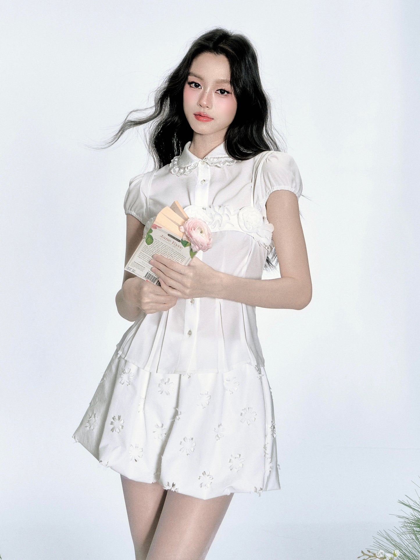 Puff-Sleeve Blouse, Floral Strapped Bandeau, Bubble Skirt