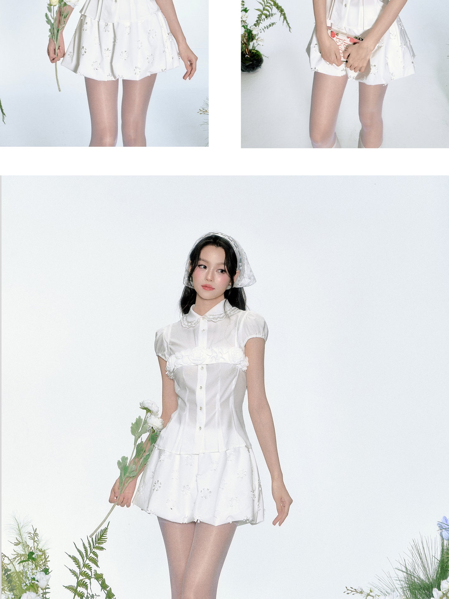 Puff-Sleeve Blouse, Floral Strapped Bandeau, Bubble Skirt