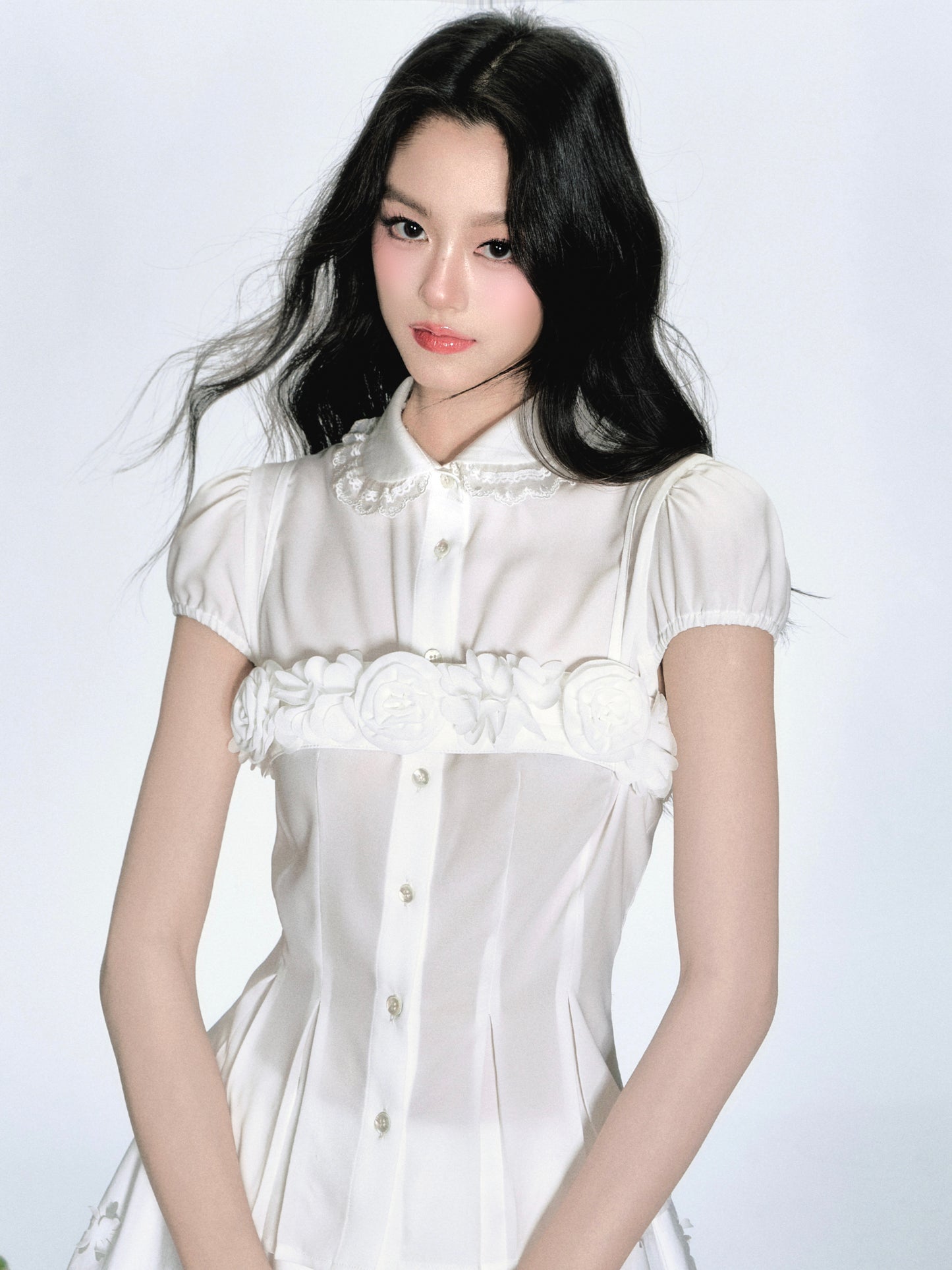 Puff-Sleeve Blouse, Floral Strapped Bandeau, Bubble Skirt