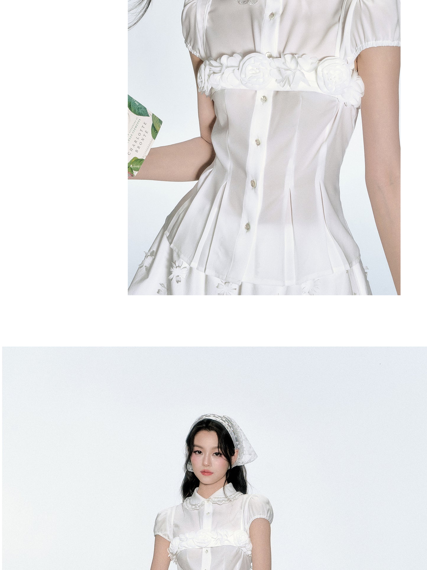 Puff-Sleeve Blouse, Floral Strapped Bandeau, Bubble Skirt