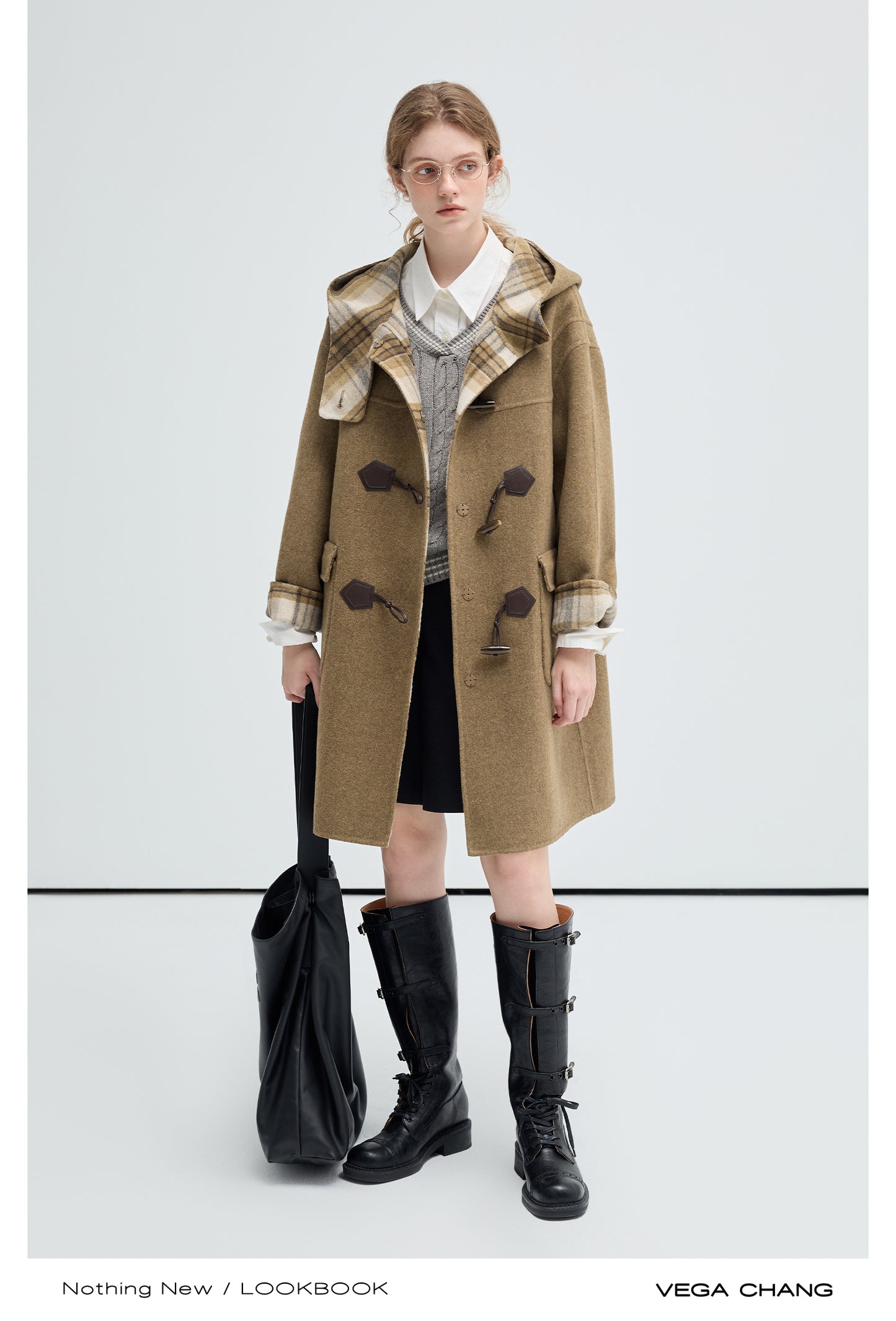 Plaid Wool Blend Reversible Hooded Coat