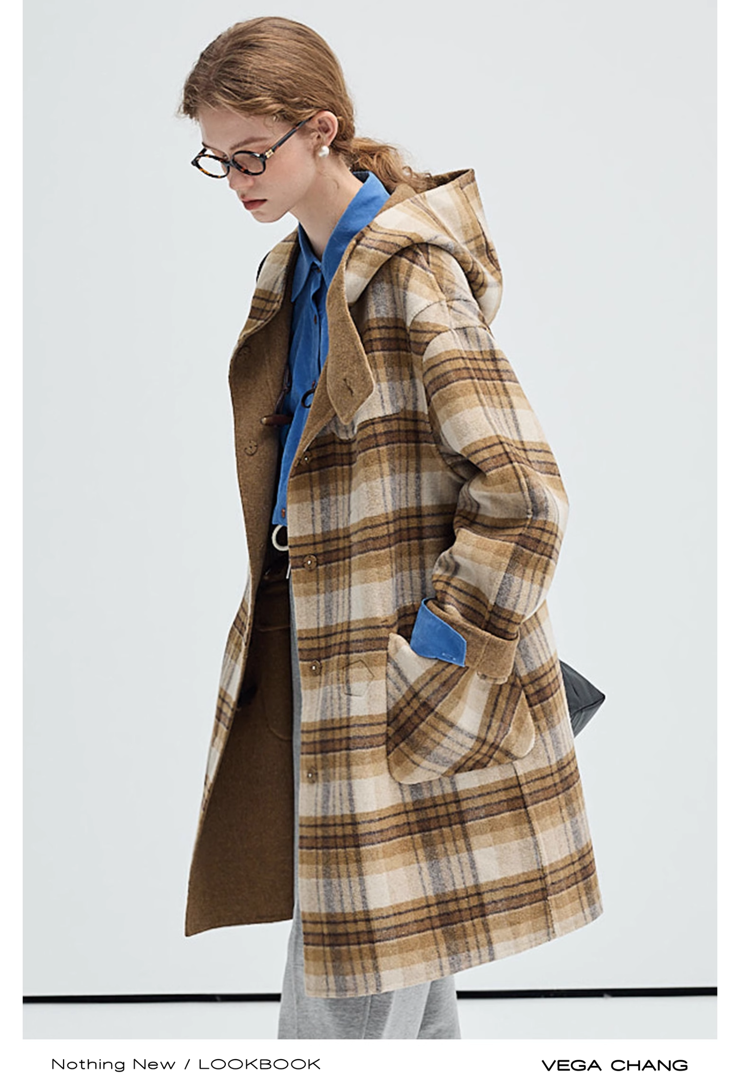 Plaid Wool Blend Reversible Hooded Coat