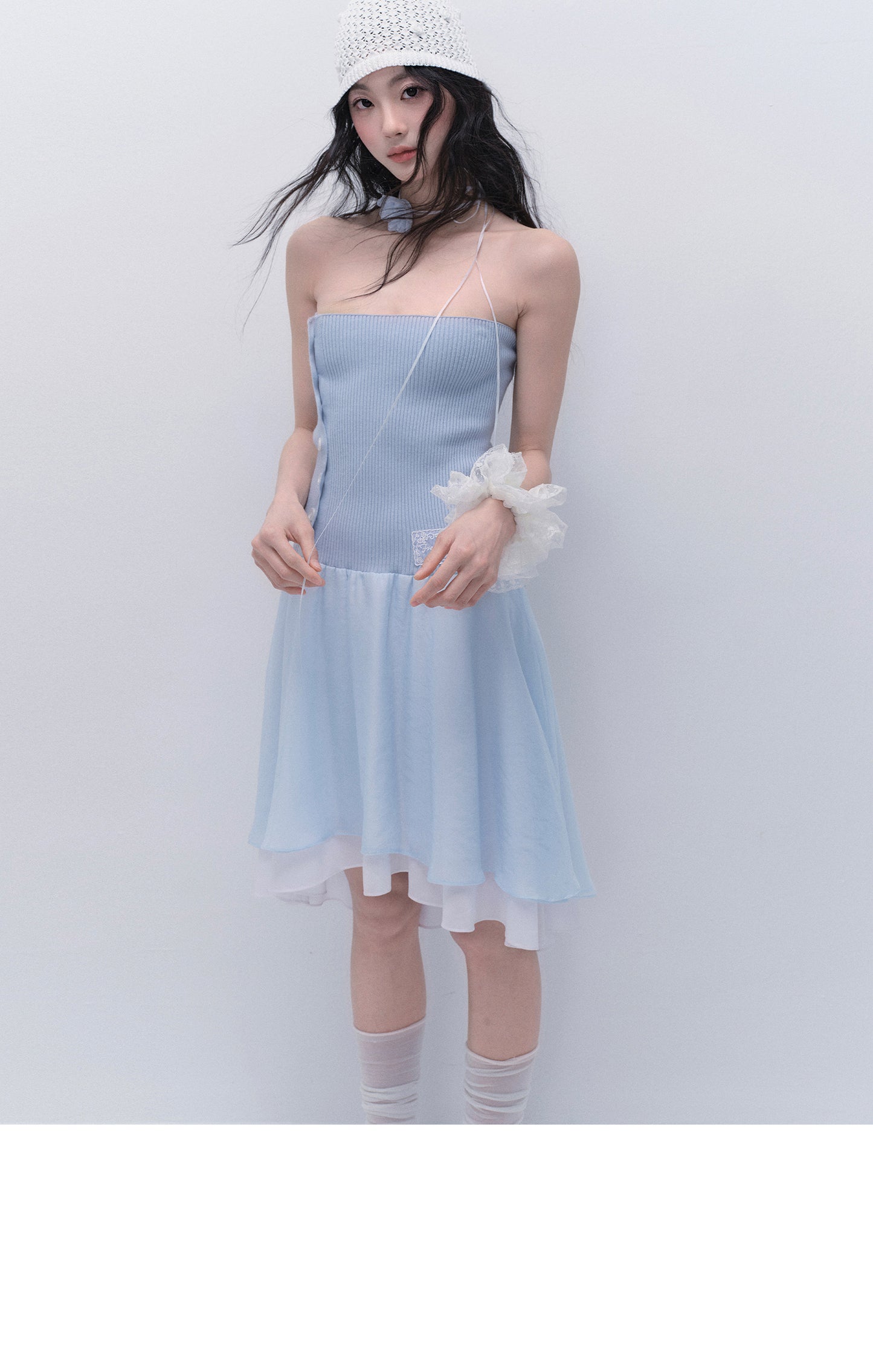 Asymmetric Buttoned Rib Knit Tube Dress With Tulle Skirt
