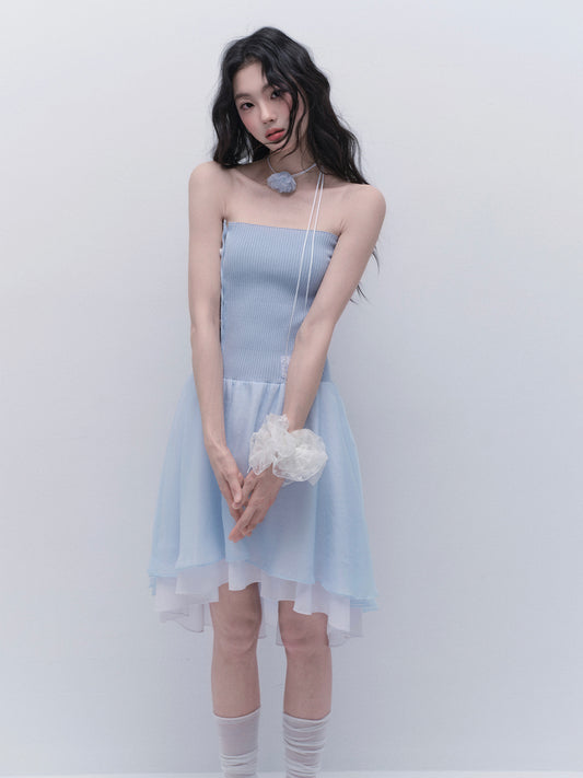 Asymmetric Buttoned Rib Knit Tube Dress With Tulle Skirt