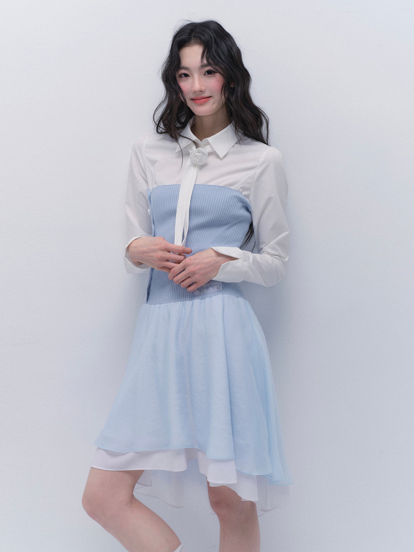Asymmetric Buttoned Rib Knit Tube Dress With Tulle Skirt