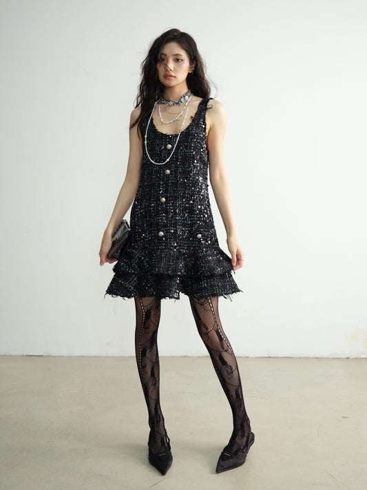 Sparkling Sequin Tiered Mini Dress With Raw Edge