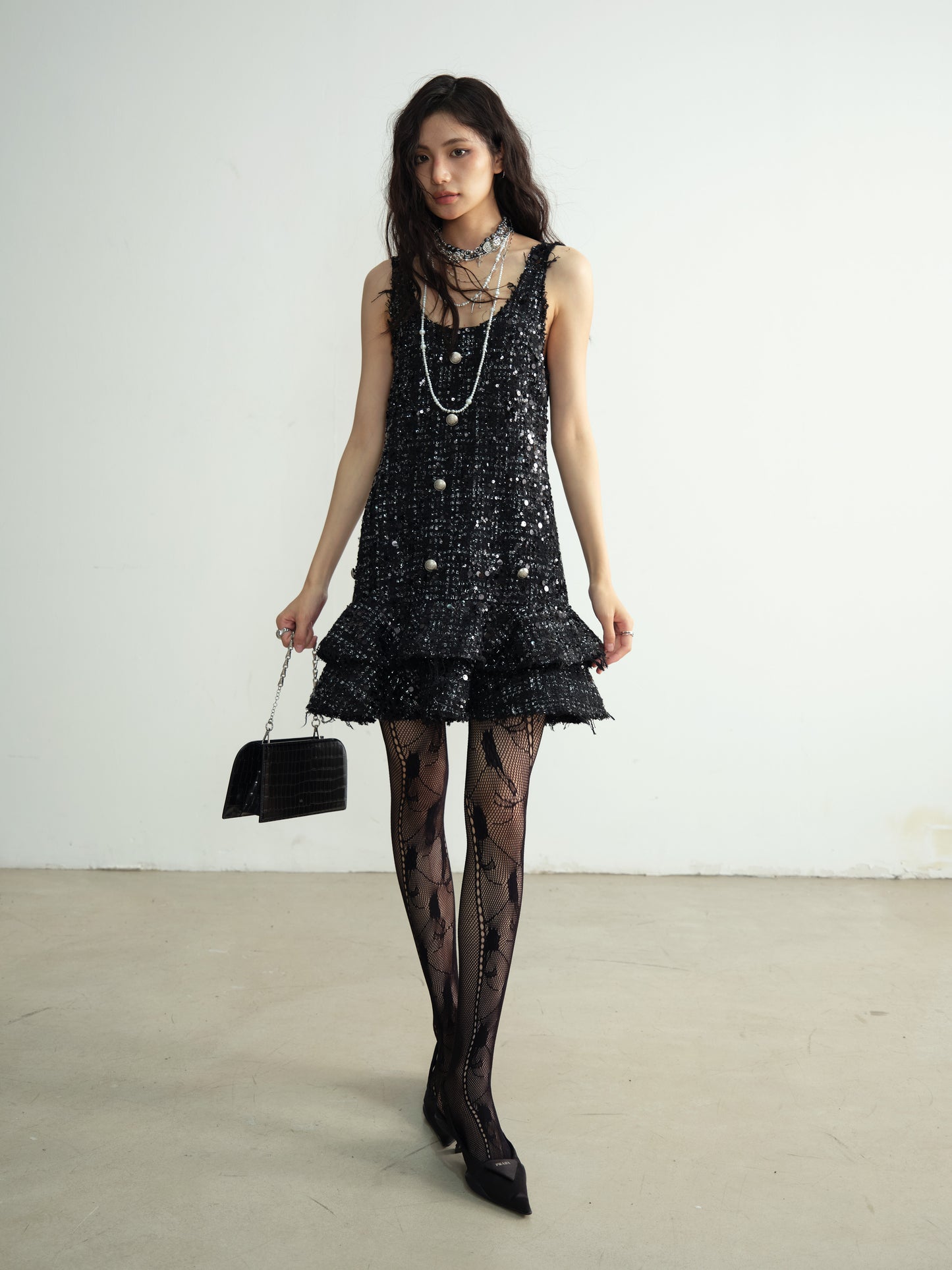 Sparkling Sequin Tiered Mini Dress With Raw Edge