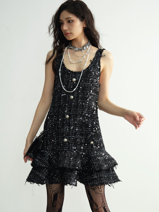 Sparkling Sequin Tiered Mini Dress With Raw Edge