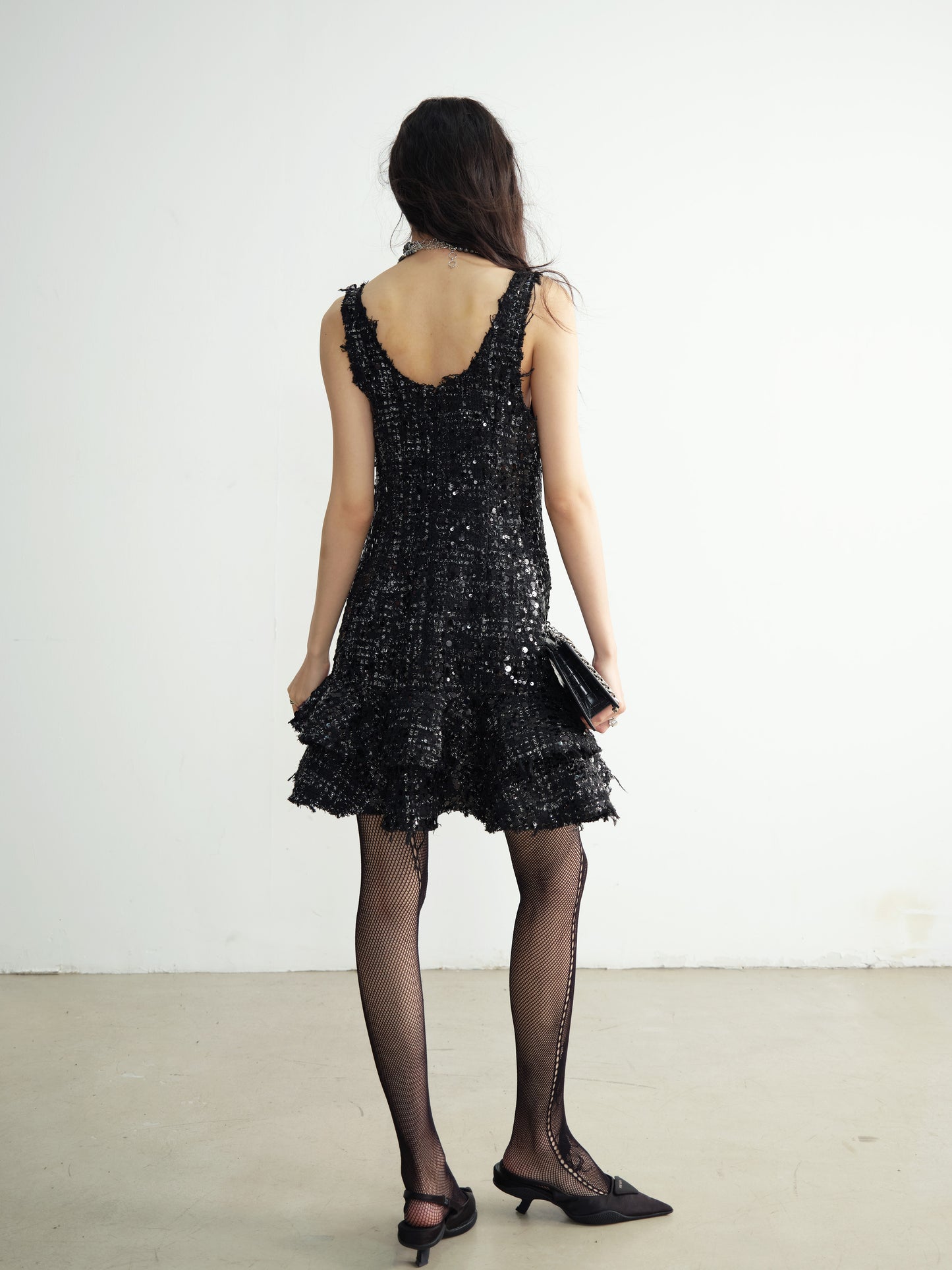 Sparkling Sequin Tiered Mini Dress With Raw Edge