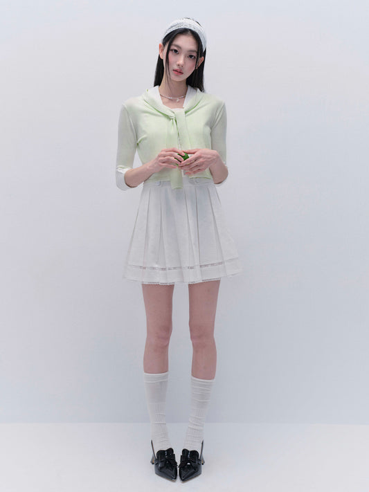 Tie-Neck Button-Up Knit Top With Buttoned Cuffs
