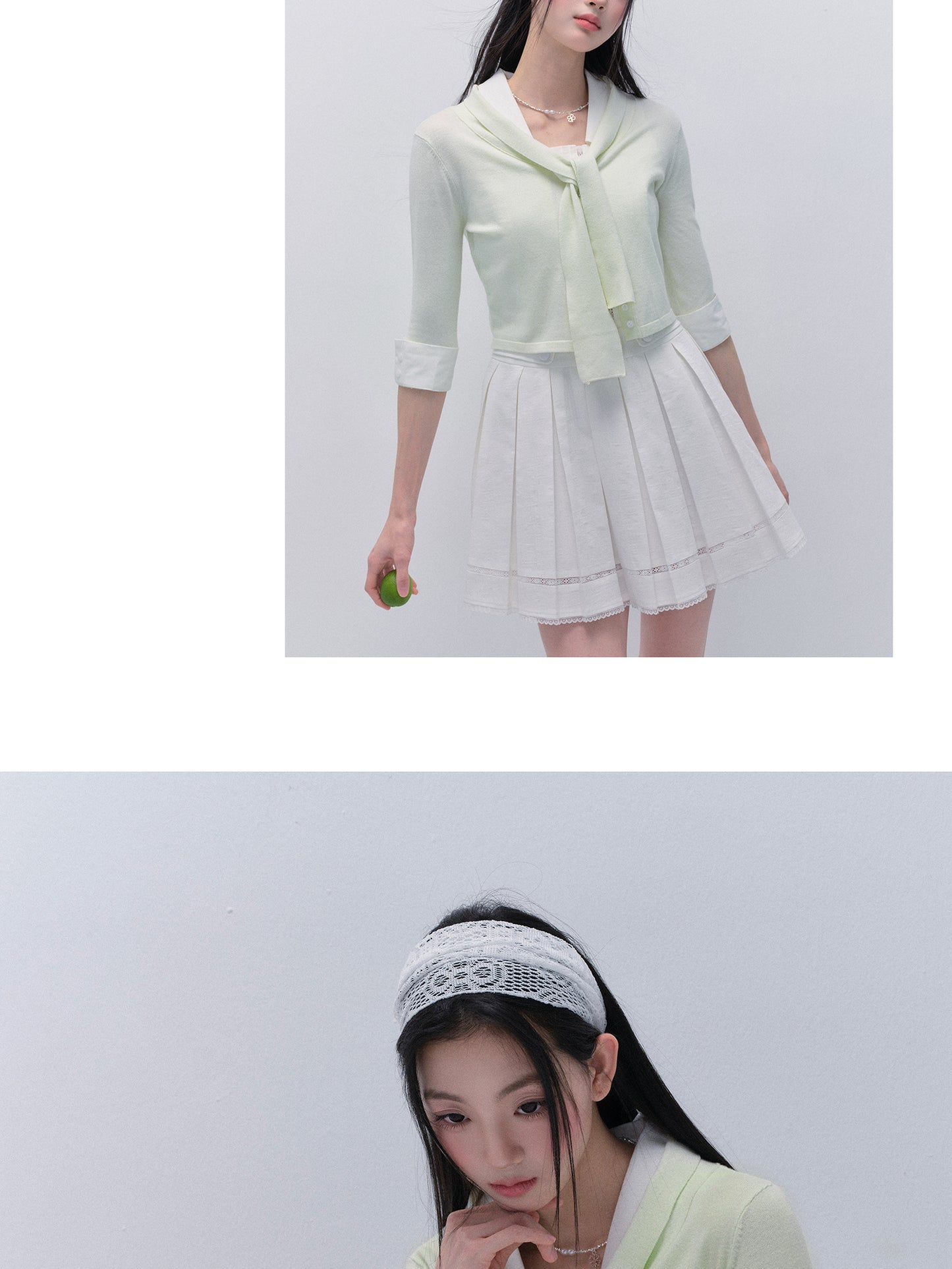 Tie-Neck Button-Up Knit Top With Buttoned Cuffs