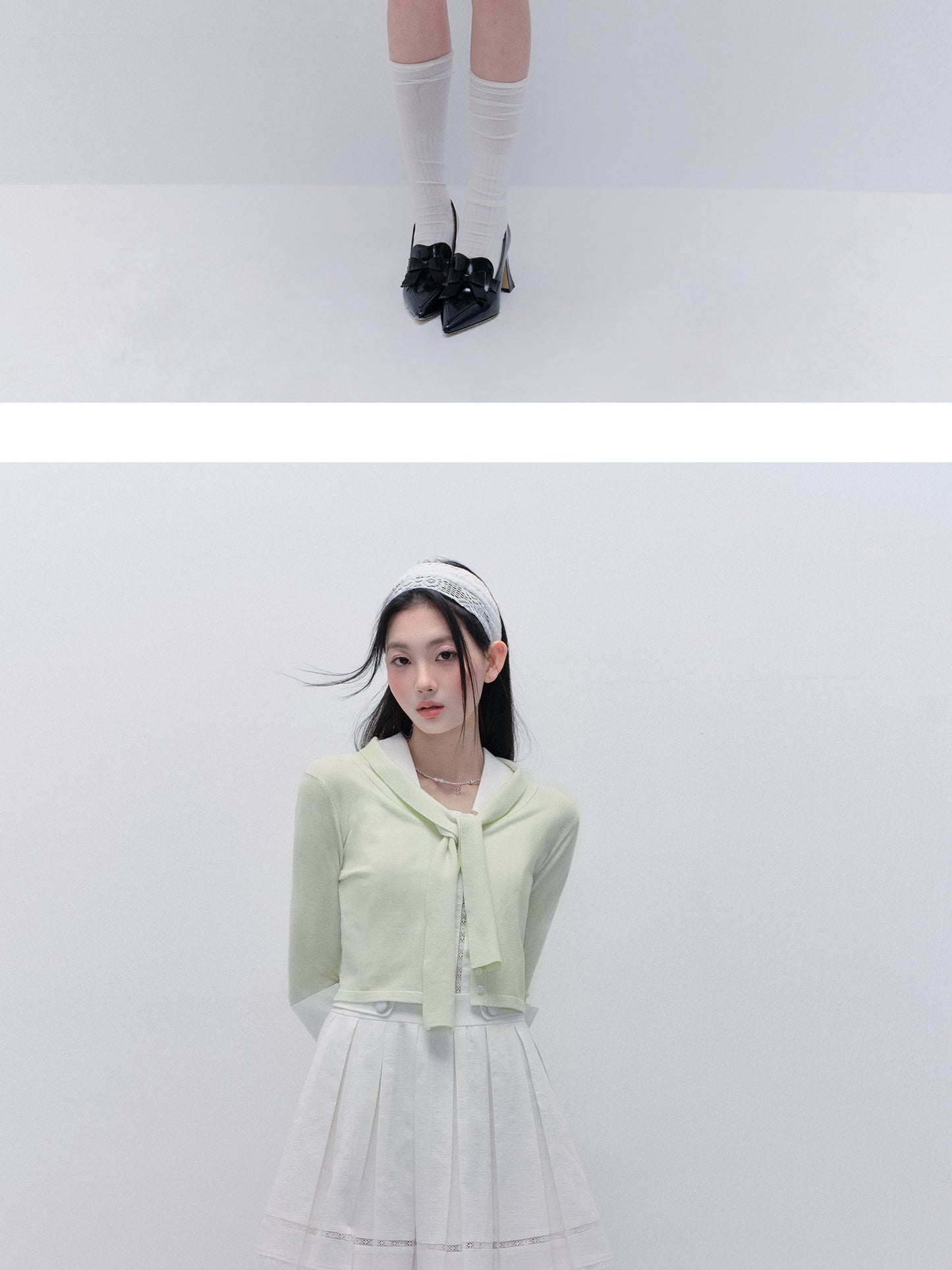 Tie-Neck Button-Up Knit Top With Buttoned Cuffs