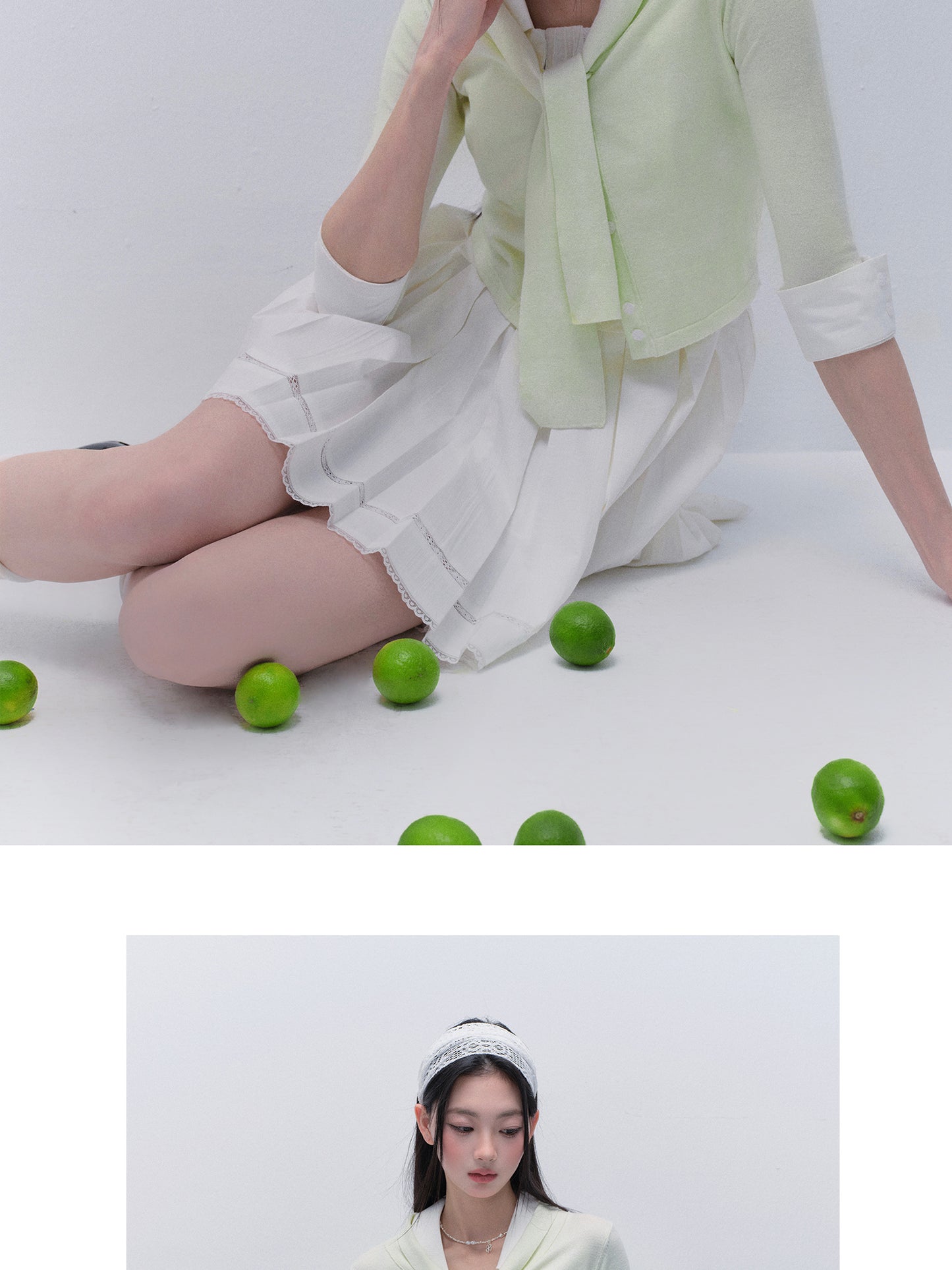 Tie-Neck Button-Up Knit Top With Buttoned Cuffs