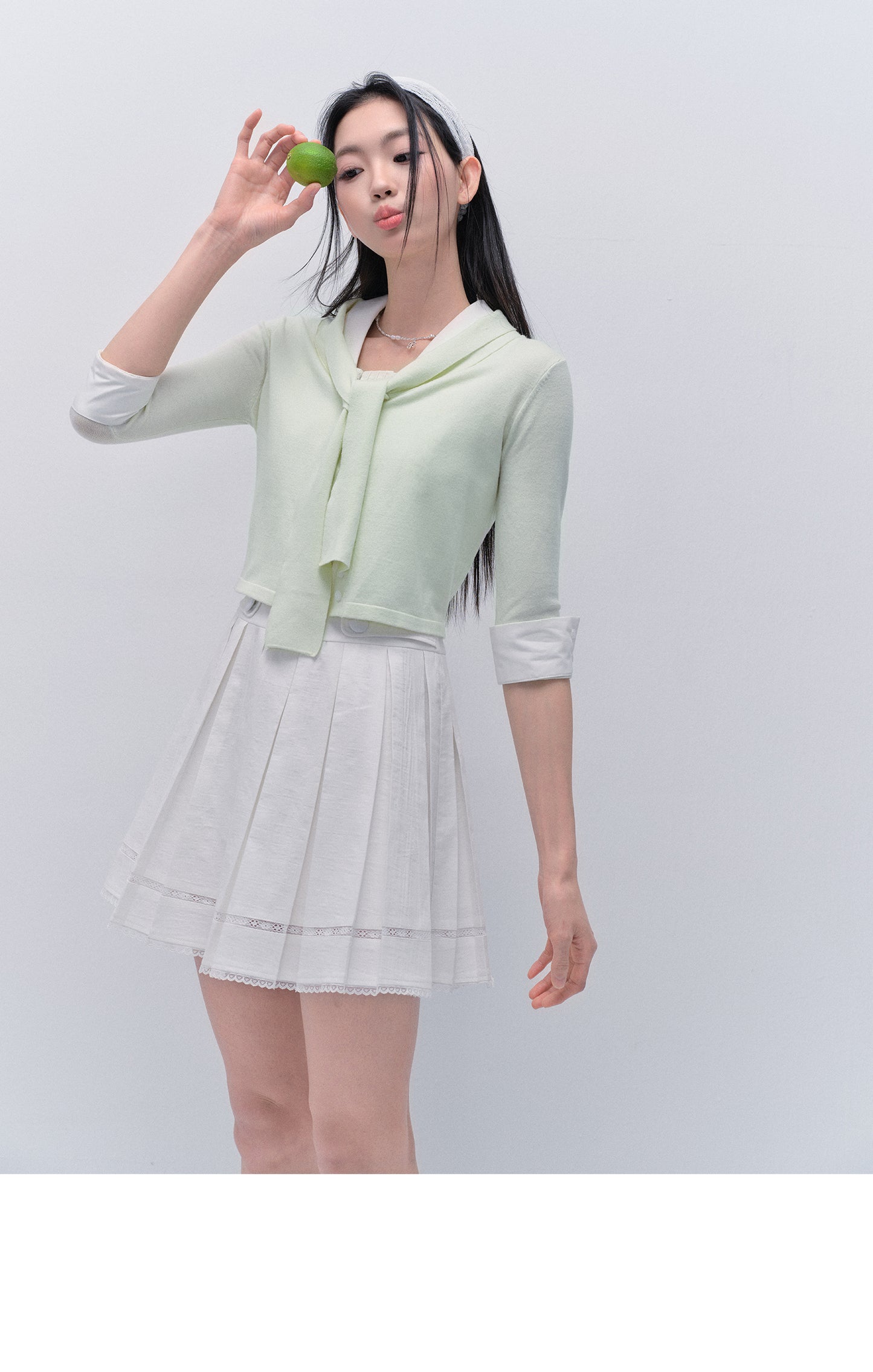 Tie-Neck Button-Up Knit Top With Buttoned Cuffs