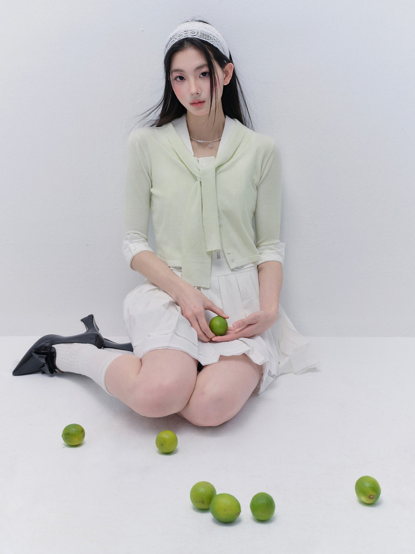 Tie-Neck Button-Up Knit Top With Buttoned Cuffs