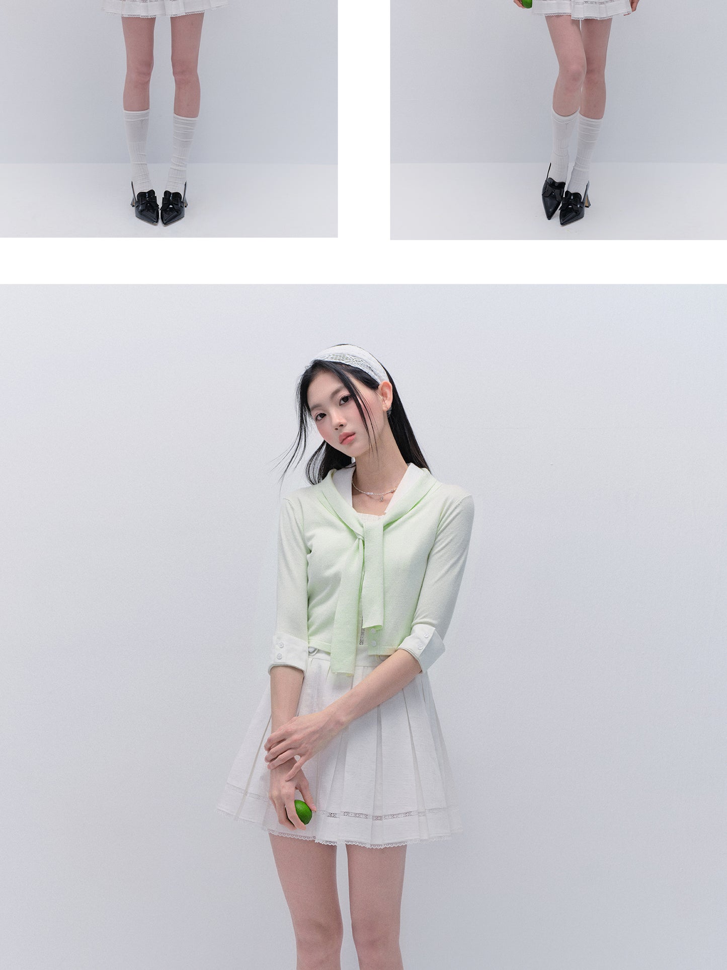 Tie-Neck Button-Up Knit Top With Buttoned Cuffs