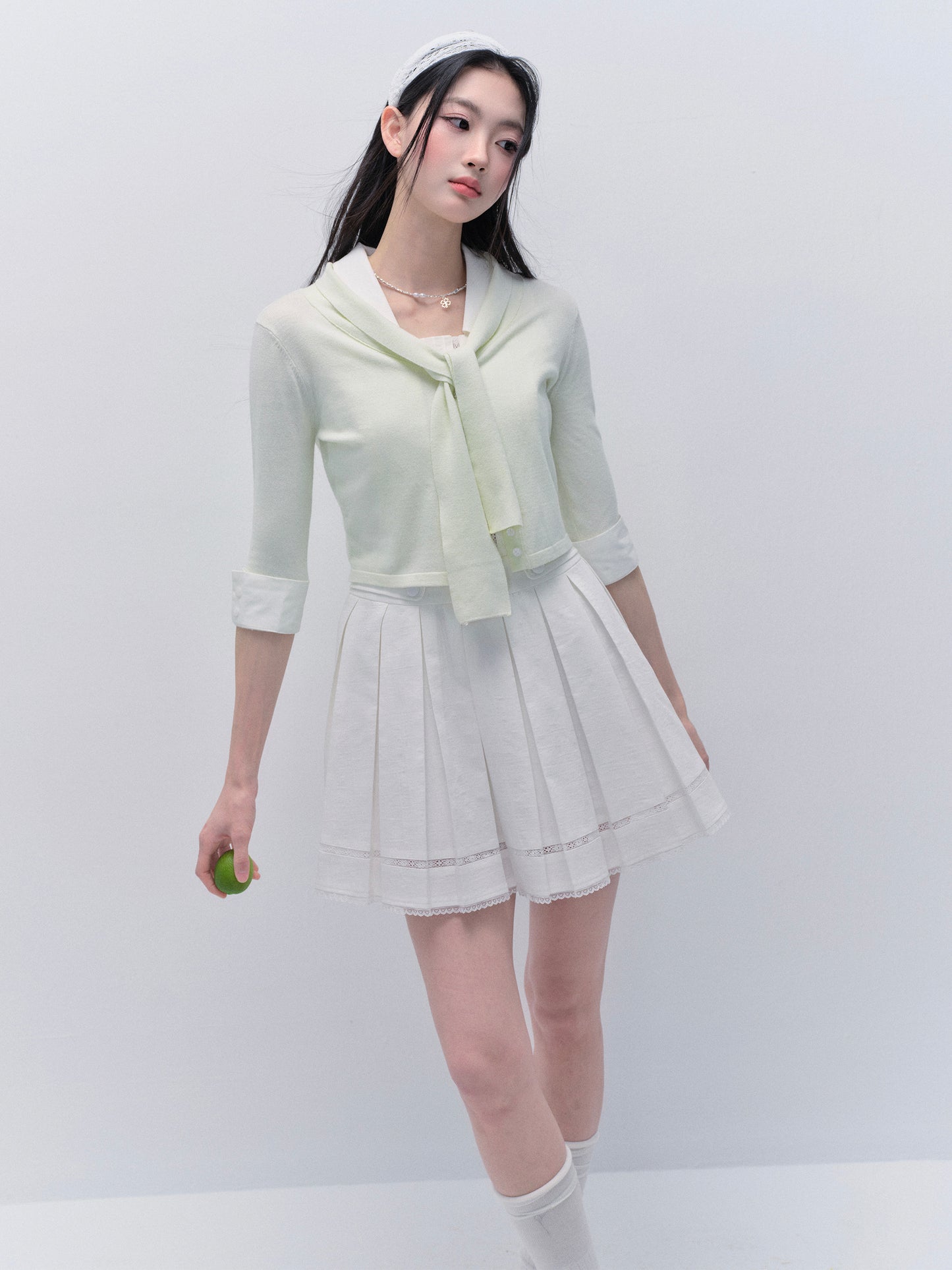 Tie-Neck Button-Up Knit Top With Buttoned Cuffs