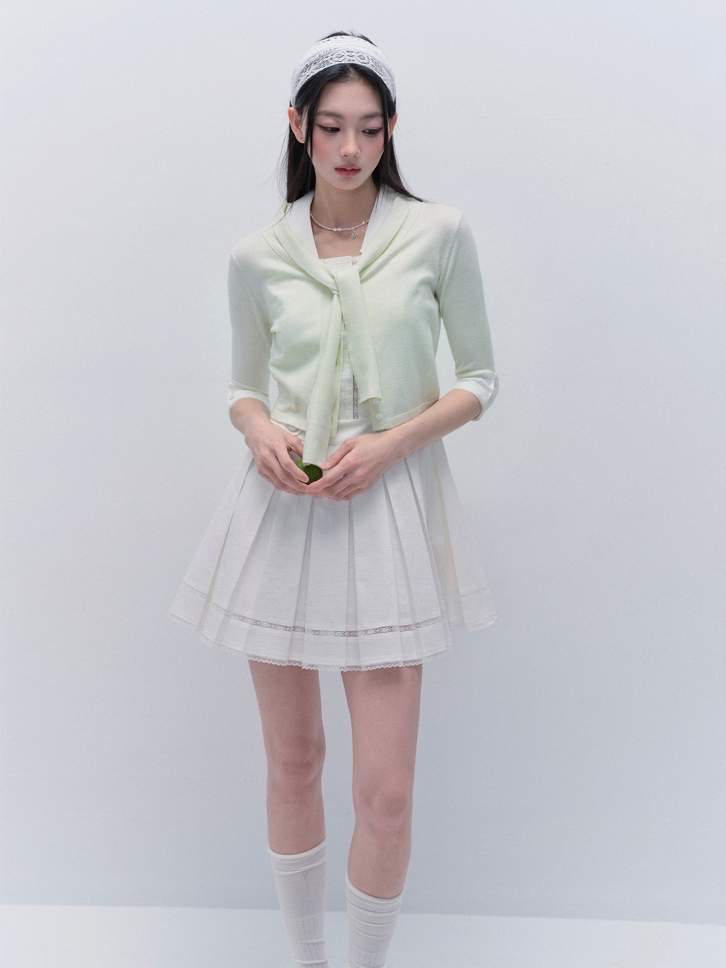 Tie-Neck Button-Up Knit Top With Buttoned Cuffs