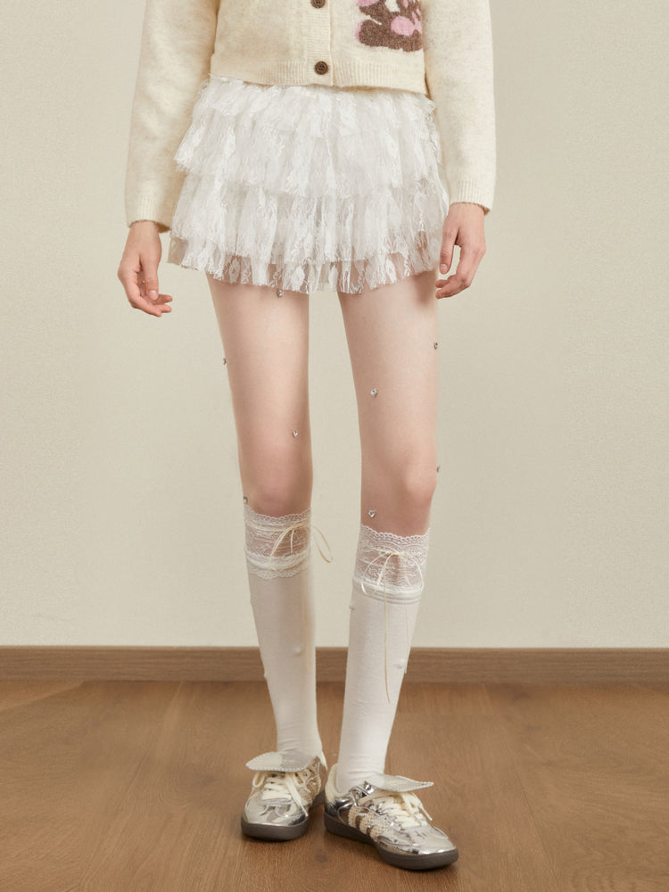 Ruffled Lace-Tiered Skirt Pants