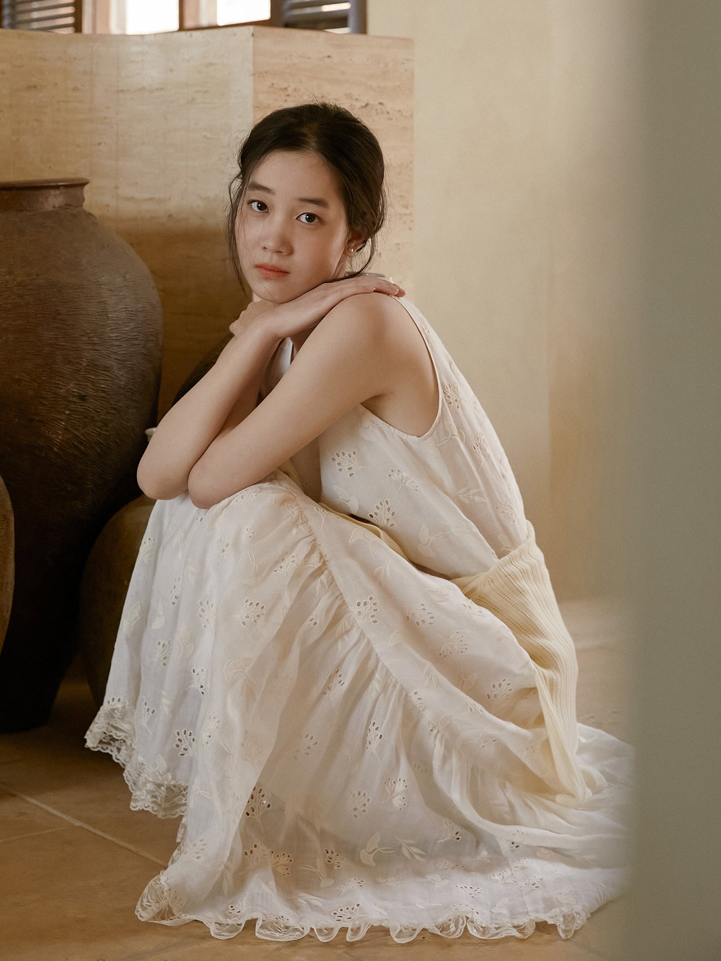 Leaf Motif Embroidered Sleeveless Dress