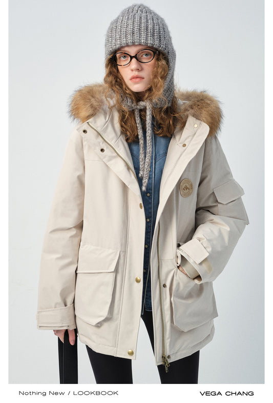 Duck Down Hooded Jacket With Raccoon Fur Collar