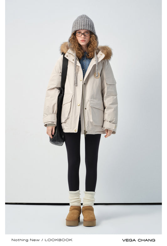 Duck Down Hooded Jacket With Raccoon Fur Collar