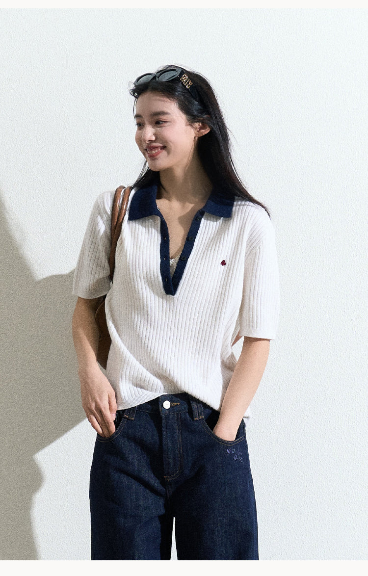 College-Style Wool-Blend Short-Sleeve Rib Knit Polo