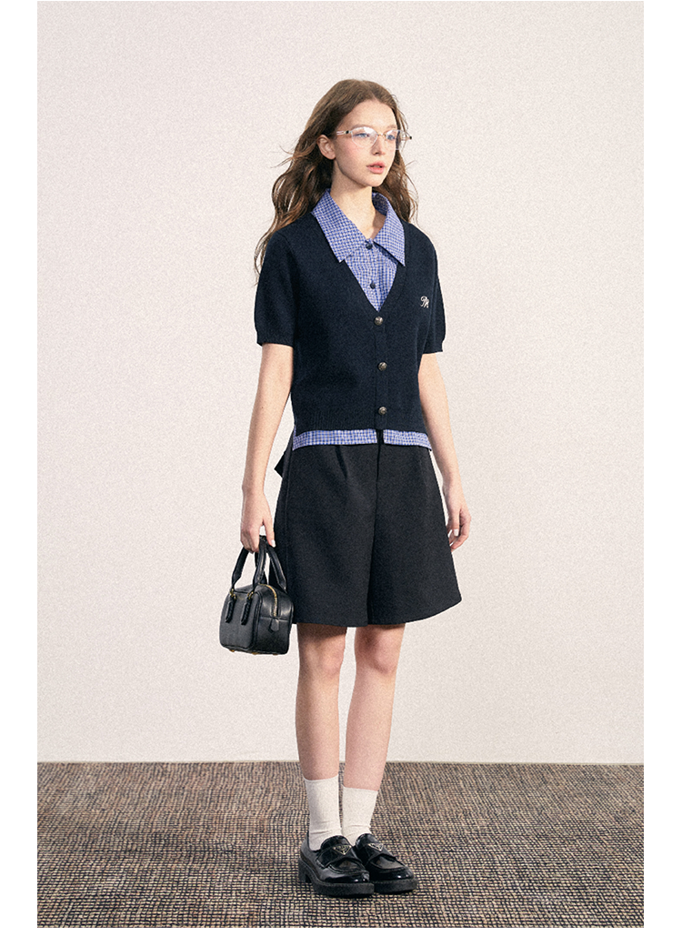 Embroidered Cardigan With Plaid Shirt Layer Detail