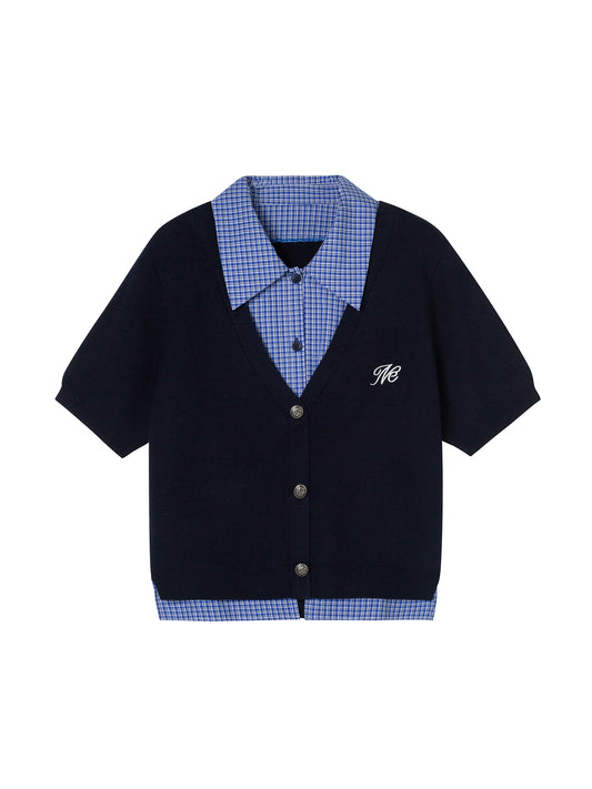 Embroidered Cardigan With Plaid Shirt Layer Detail