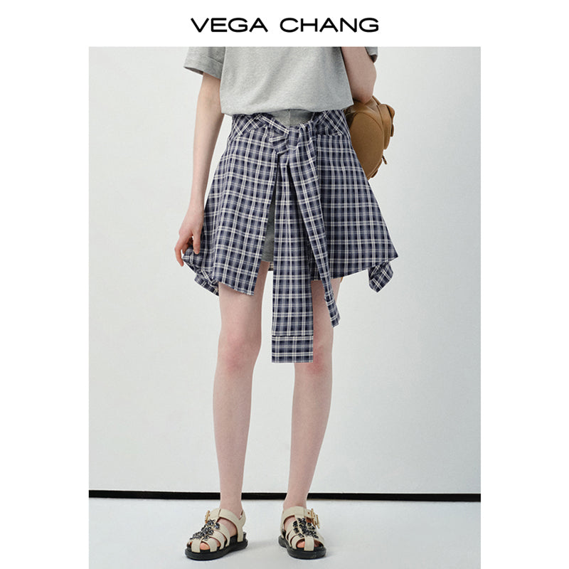 Letter Patch Tee & Plaid Skirt Pants