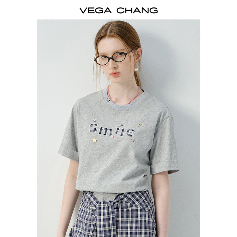 Letter Patch Tee & Plaid Skirt Pants