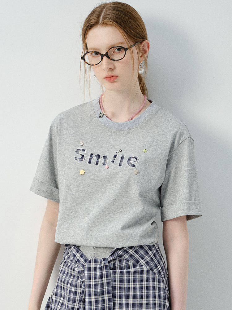 Letter Patch Tee & Plaid Skirt Pants