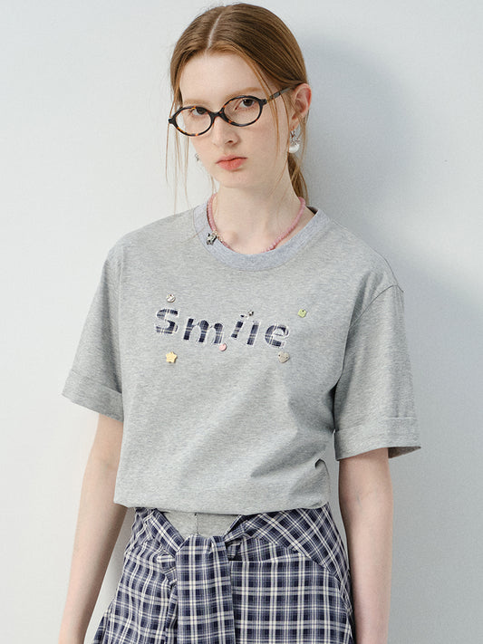 Letter Patch Tee & Plaid Skirt Pants