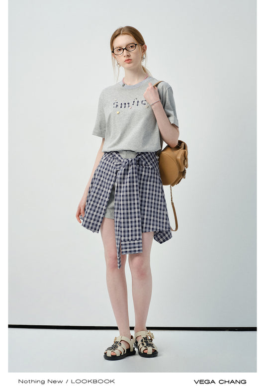 Letter Patch Tee & Plaid Skirt Pants