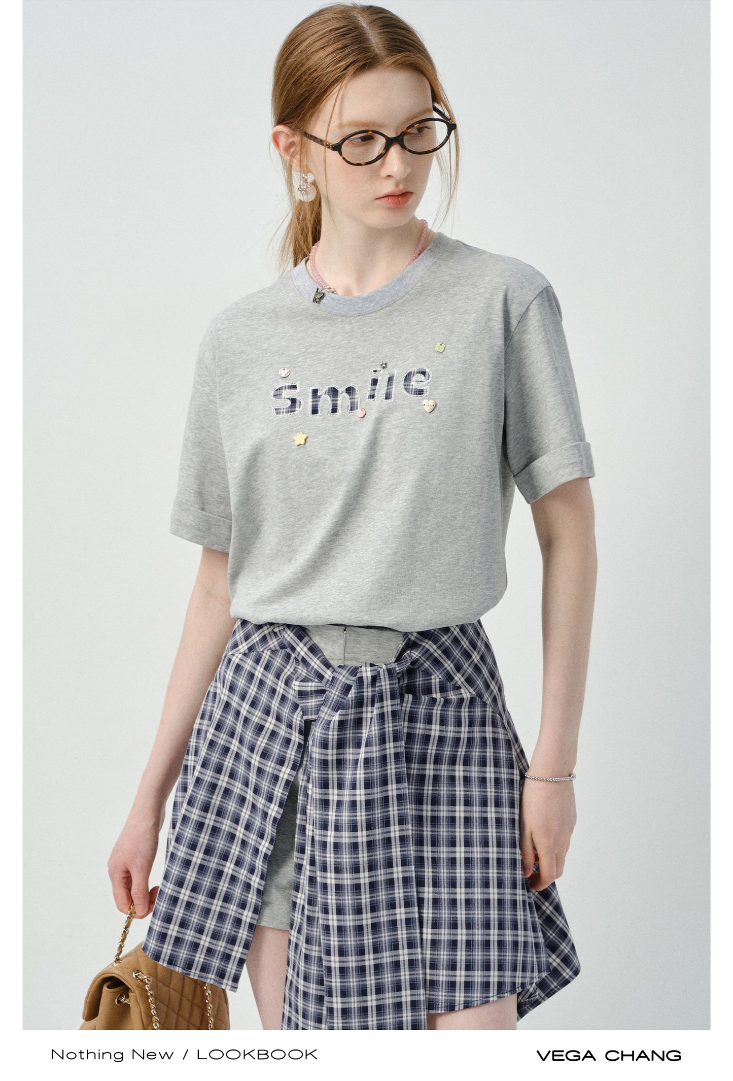 Letter Patch Tee & Plaid Skirt Pants