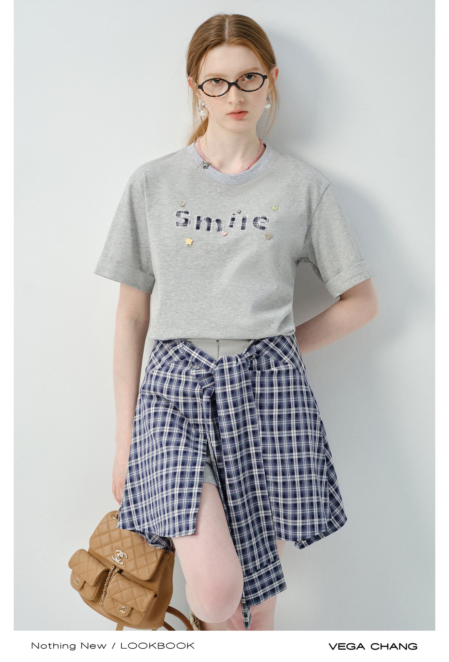 Letter Patch Tee & Plaid Skirt Pants